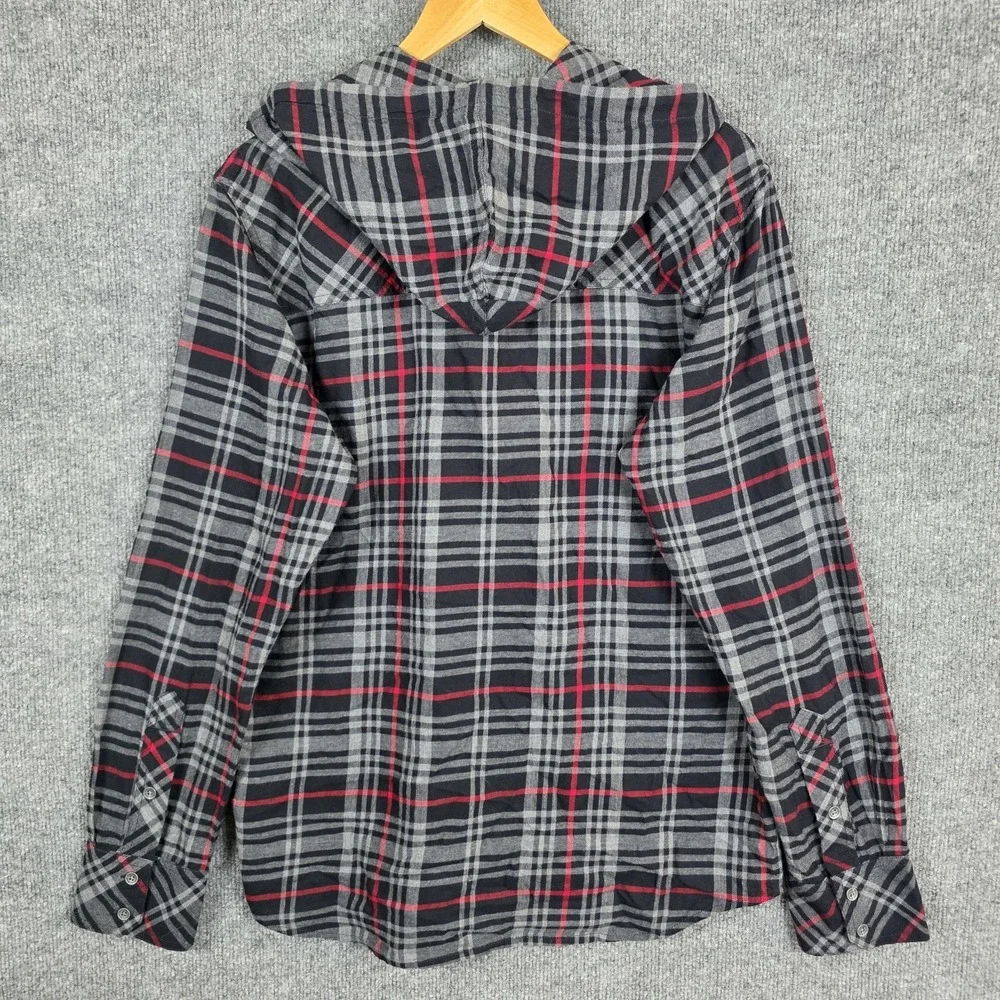 True Religion Shirt Mens SZ M Plaid Hooded Button Up Y2K Grunge SkaterLogo